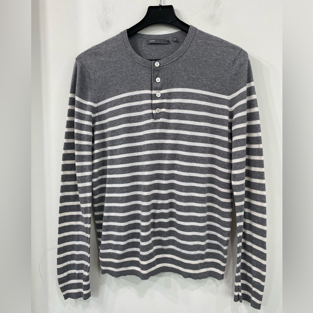 Vince Cotton Henley Long Sleeve Sweater Ivory/ Heathered Grey size L